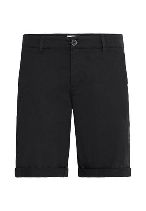 Black cotton shorts with a classic design, featuring a button closure, a rolled hem, and subtle stitch detailing on the waistband.