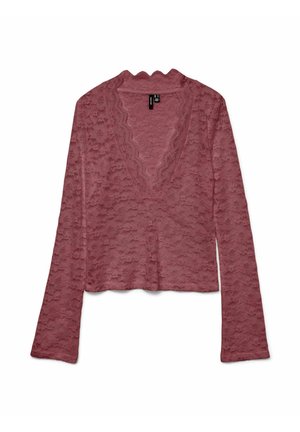 Long-sleeve, dusty rose lace top with scalloped V-neckline and floral pattern, laid flat on a white background.