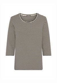 Schwarz-weiß gestreiftes Langarmshirt mit rundem Ausschnitt und dreiviertel Ärmeln, gefertigt aus einem weichen, atmungsaktiven Stoff.