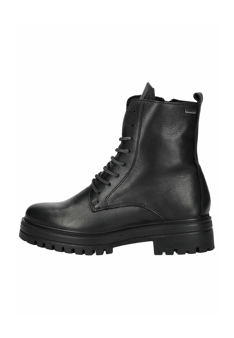 Stivaletto in pelle nera con lacci, parte superiore testurizzata e suola in gomma spessa con un leggero tacco. Anello laterale per facilitare l'indossamento.