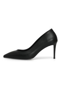 Black leather high-heeled pump with a pointed toe, sleek design, and a slender stiletto heel. Smooth texture and minimal detailing.
