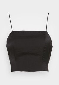 Top cropped nero con sottili spalline regolabili; texture liscia e design aderente. Senza decorazioni o motivi. Stile semplice e minimalista.