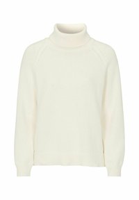 Valkoinen pooloneule, jossa on resorikaulus ja -hihansuut, teksturoitu neulospatterni ja löysä istuvuus, suunniteltu mukavuutta varten.