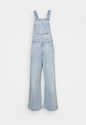 Light blue denim overalls with wide legs, adjustable straps, front pocket, and side pockets. Distressed texture throughout.