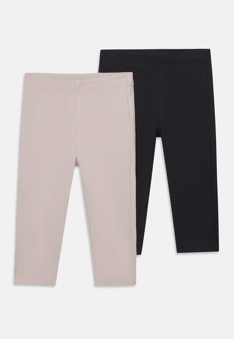 Ribbede leggings i lyserød og sort, med en elastisk talje og en tætsiddende pasform. To par vist side om side mod en hvid baggrund.