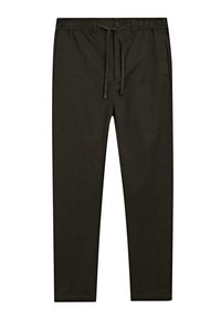 Pantalons décontractés noirs pour hommes avec une taille élastique, un cordon de serrage et des jambes droites, présentés à plat sur fond blanc.