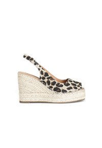 Leopard-print wedge sandal with a peep-toe design, woven jute heel, and adjustable slingback strap for secure fit.