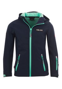 Navy softshell jacket with a green interior, front zipper, and two zippered pockets. Features a hood and prominent logo on the chest.