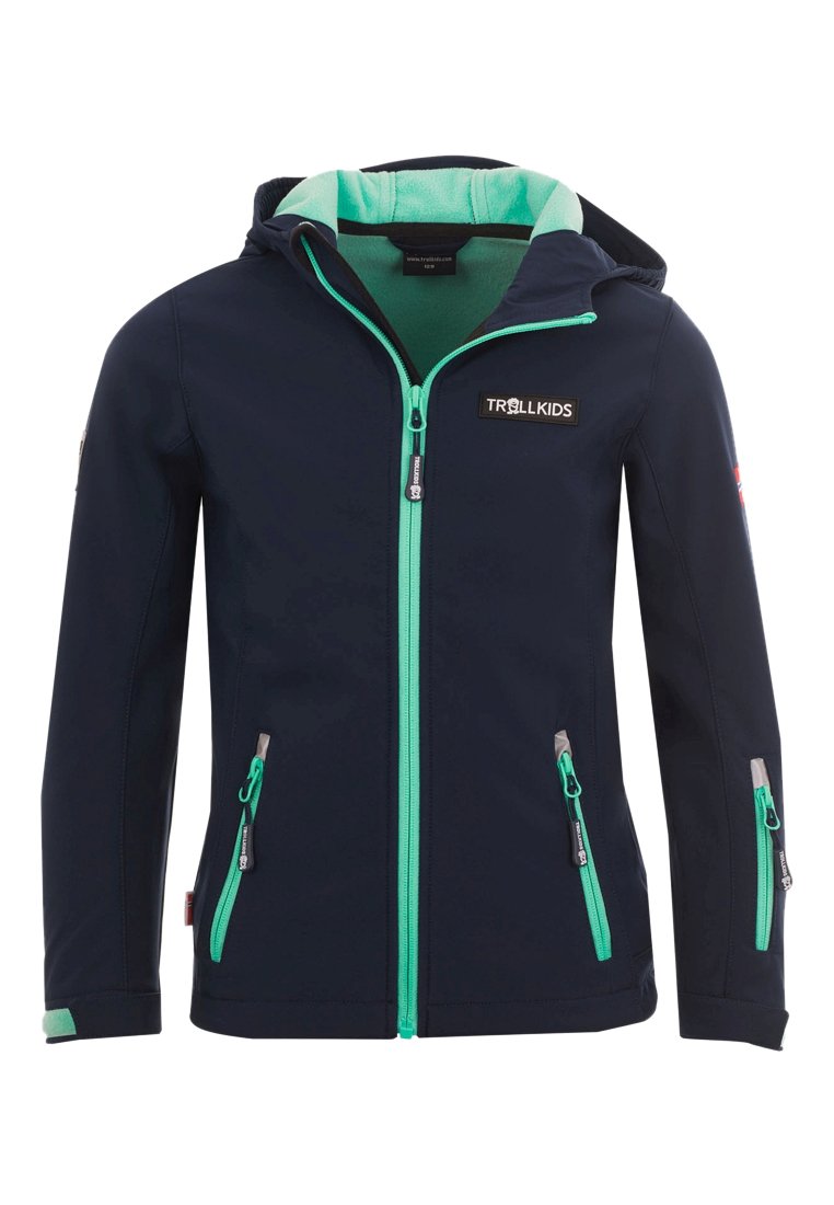 Navy softshell jacket with a green interior, front zipper, and two zippered pockets. Features a hood and prominent logo on the chest.
