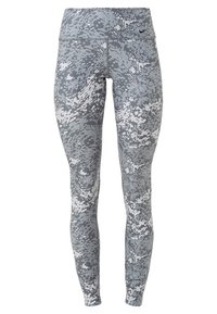 Szare legginsy w wzór z wysokim stanem, z cyfrowym wzorem kamuflażu w różnych odcieniach szarości oraz logo Nike na pasie.