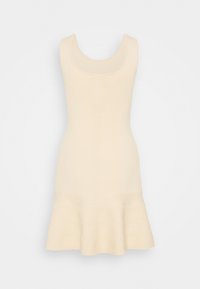 Kermanvärinen muotoiltu mekko, jossa on levenevä helma, valmistettu tekstuurisesta kankaasta, jossa on hienovarainen siksak-kuvio ja pyöreä pääntie.