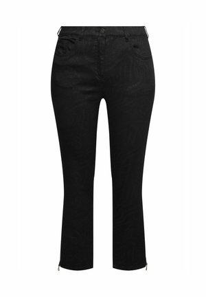 Jean capri noir avec un motif texturé, cinq poches et des accents zippés à l'ourlet. Fabriqué en denim. Design ajusté.