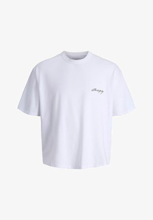 White cotton t-shirt with a relaxed fit, short sleeves, and a crew neckline. Features a small black script logo on the chest.