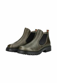 Botas de tobillo de cuero verde oliva con un acabado suave, paneles laterales elásticos y una suela de goma negra con un patrón de tracción.