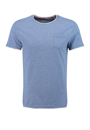 Hellblaues kurzärmliges Baumwoll-T-Shirt mit dünnen horizontalen weißen Streifen, rundem Halsausschnitt und kleiner Brusttasche auf der linken Seite.