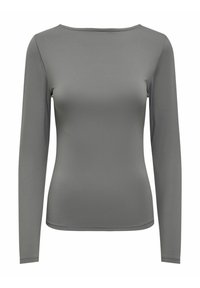 Top de manga larga en gris apagado, confeccionado en tejido elástico. Presenta un escote redondeado y una textura suave con costuras mínimas.