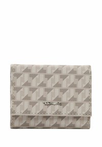 Gray wallet with a geometric pattern, featuring a fold-over design and silver-tone hardware. Made of smooth material, compact and lightweight.