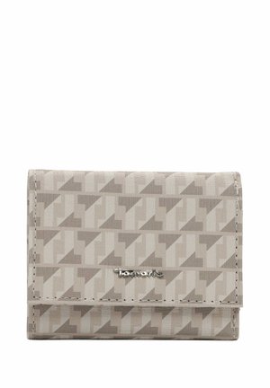 Portafoglio grigio con un motivo geometrico, caratterizzato da un design pieghevole e dettagli in metallo argentato. Realizzato in materiale morbido, compatto e leggero.