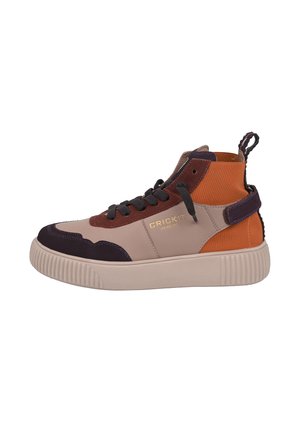 High-top sneaker featuring a mix of brown, orange, and purple panels. Constructed from smooth and textured materials with a rubber sole.