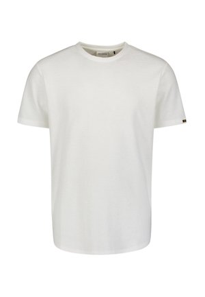 Effen witte T-shirt met korte mouwen en een ronde hals, met een klein zwart en geel label aan de linkermouw.
