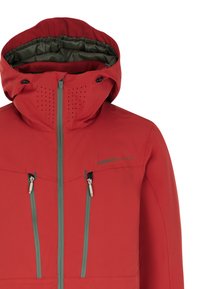 Rote wasserdichte Jacke mit Kapuze, durchgehendem Reißverschluss und zwei Brusttaschen mit grünen Akzenten sowie Belüftungsöffnungen im Kragenbereich.