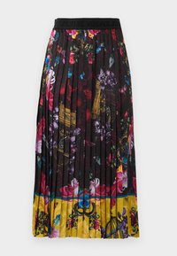 Gonna plissettata con una base nera e un vivace motivo floreale nei toni di rosa, blu e oro, accentuata da un orlo giallo e una vita con logo.