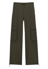 Pantalon cargo à jambes larges vert olive avec taille élastique, poches à rabat devant sur les cuisses, et cordons de serrage réglables à l’ourlet.