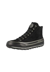 Sneaker alta nera con lacci davanti, suola in gomma e marchio "Candice Cooper" di lato e sulla linguetta.
