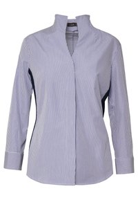 Blå och vit vertikalt randig långärmad skjorta med hög krage, med rak skärning och knappade manchetter.