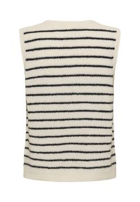 Maglione senza maniche con sfondo crema e righe orizzontali nere. Tessuto morbido con scollatura rotonda, adatto per un outfit casual.