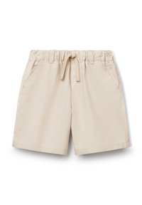 Pantaloni corti beige con fascia elastica in vita e cordino, dotati di tasche laterali e una texture liscia e leggera.