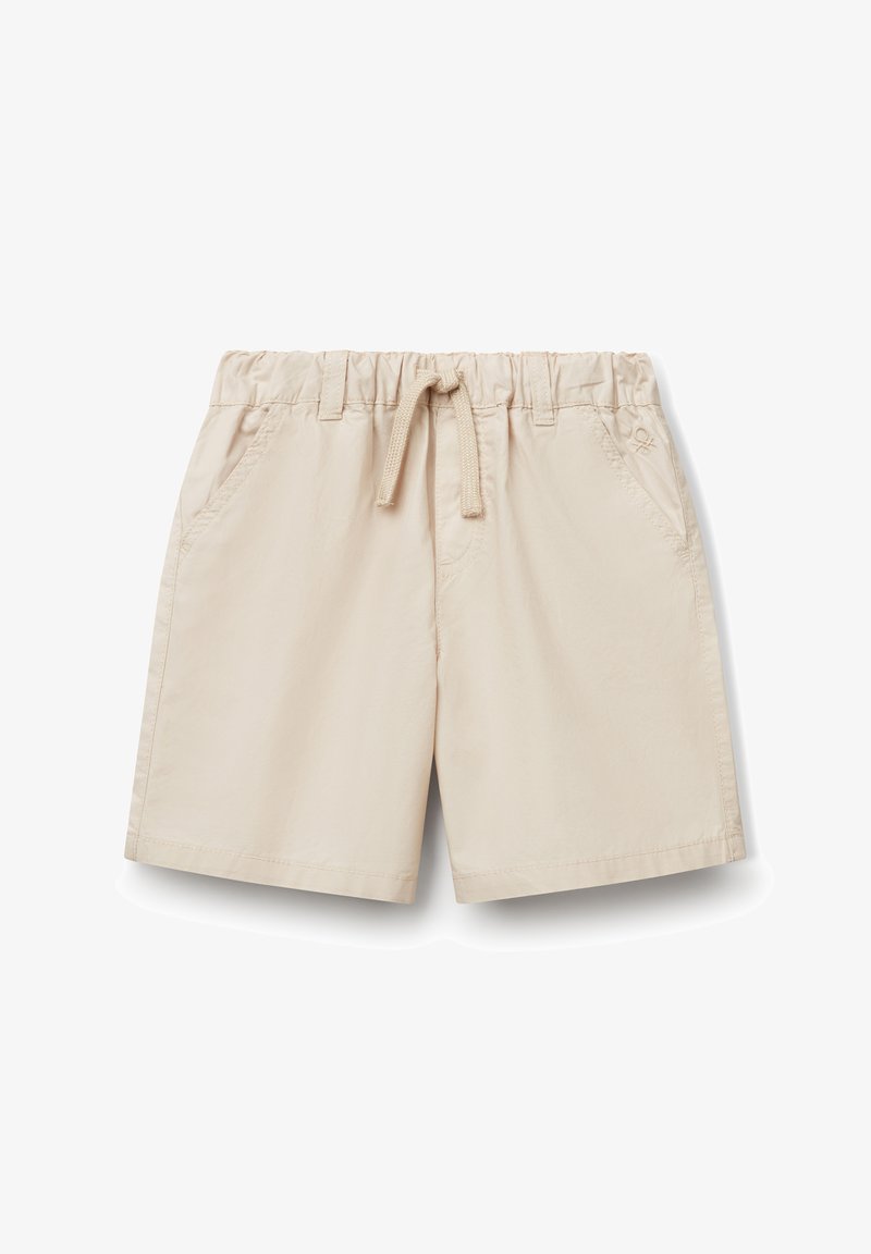Beige Shorts mit elastischem Bund und Kordelzug, ausgestattet mit Seitentaschen und einer glatten, leichten Textur.