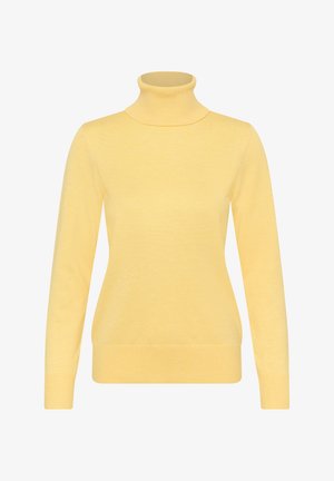 Pulover galben cu guler înalt, realizat dintr-un tricot fin și moale. Design ajustat cu mâneci lungi și manșete cu refilet, având un stil clasic cu guler înalt.