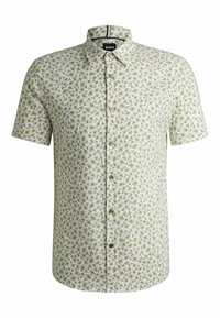 Camicia a maniche corte di colore bianco con un motivo a foglie verdi, design con colletto, chiusura con bottoni e etichetta del marchio sul colletto.
