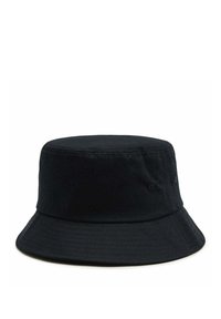 Zwarte katoenen bucket hat met een ronde kroon, brede slap flens en subtiele stikdetails aan de zijkanten.