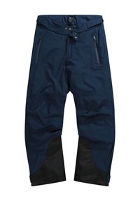 Marine waterdichte broek met verstelbare tailleband, ritszakken en zwarte accenten bij de enkels voor extra duurzaamheid en bescherming.