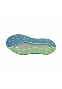 Suela de zapatilla con un diseño ondulado. Presenta un material de goma azul y verde, orificios de ventilación y una sección de media suela transparente para amortiguación.