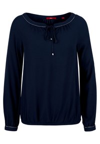 Blusa blu navy a maniche lunghe con scollo rotondo e laccetto, orlo elastico e dettagli argentati a contrasto sullo scollo.