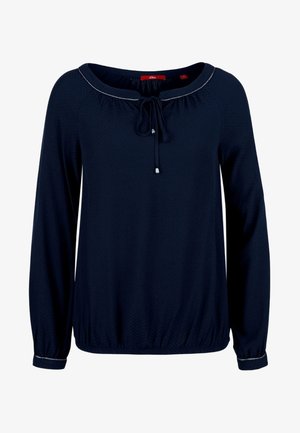 Granatowa bluzka z długim rękawem, z okrągłym dekoltem i wiązaniem na sznurek, elastycznym dołem oraz kontrastowymi srebrnymi detalami przy dekolcie.