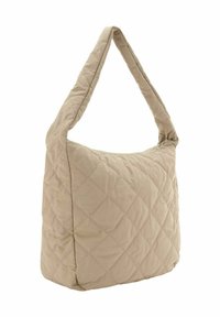 Sac à épaule matelassé en beige clair. Tissu doux avec un motif en diamant. Dispose d'une large bandoulière rembourrée et d'un intérieur spacieux.
