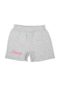 Shorts en coton gris avec une ceinture élastique et un logo texte rose "Stitch" sur le côté gauche. Texture lisse et design décontracté.