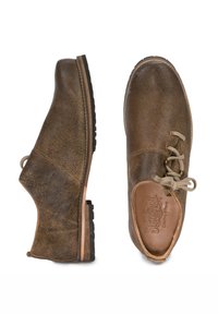 Brown leather shoes with a textured finish, lace-up design, round toe, and rubber sole. Includes subtle stitching and a low heel.