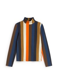 Langærmet rullekravetrøje med markante lodrette striber i brun, marineblå, creme, orange og blå, der har en tætsiddende pasform og ribstrikket halskant.