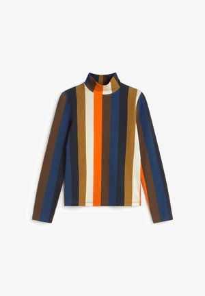 Langärmeliges Rollkragenoberteil mit kräftigen vertikalen Streifen in Braun, Marine, Creme, Orange und Blau, das eine taillierte Passform und einen gerippten Kragen aufweist.