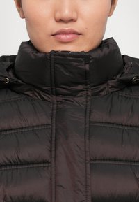 Nærbilde av en person som har på seg en svart foret jakke med en høy, foret krage som er lukket opp til haken, mot en ensfarget bakgrunn.