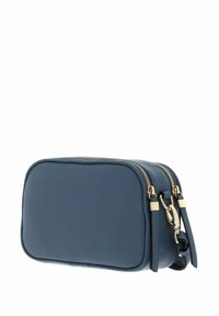 Blue leather crossbody bag with a smooth texture, rectangular shape, gold-tone hardware, dual zippers, and a detachable strap.