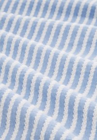 Un tissu rayé bleu et blanc présente des lignes alternant entre lisses et texturées, avec un bord festonné formant un motif répétitif.