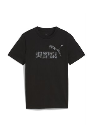 Czarny t-shirt z bawełny z szarym nadrukiem logo "PUMA" oraz grafiką skaczącego pumy. Klasyczny okrągły dekolt i krótkie rękawy.
