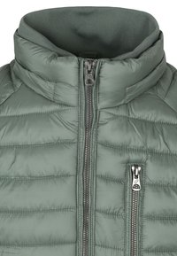 Gewatteerde groene jas met een hoge kraag, voorzien van een centrale rits en een extra ritszak, zachte textuur en een gestikt patroon.