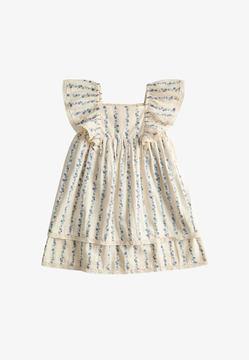 Cream-colored sleeveless dress with blue floral vertical stripes and ruffled shoulder details, featuring eyelet trim accents.